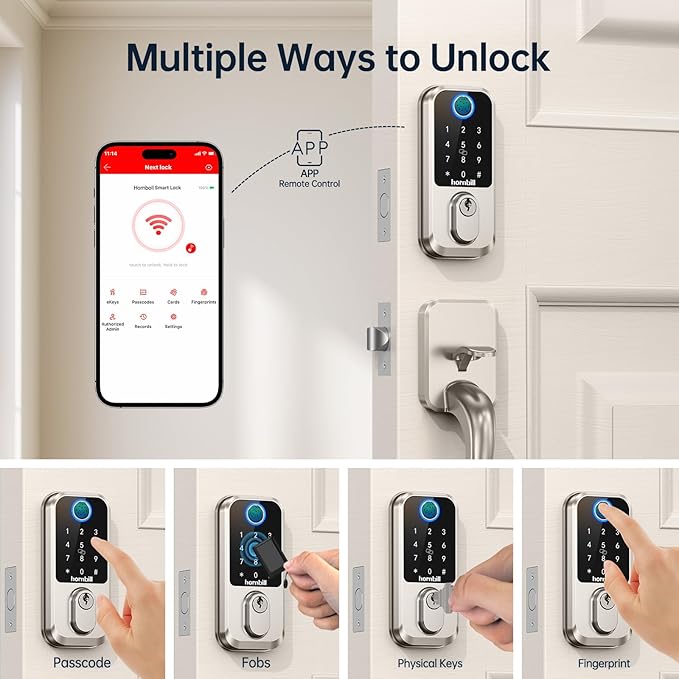 WiFi Fingerprint Smart Door Lock: Keyless Entry Door Lock Deadbolt with Handle,Hornbill Smart Locks for Front Door, Entry Door Keypad Lock Set, Electronic Digital Biometric Bluetooth Lock-Satin Nickel