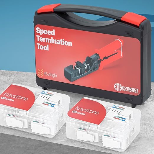 Everest easyJACK - 45° Angled Speed Termination Keystone Tool Set - with 20-Pack of RJ45 Cat6A Keystone Jacks in White (Slim Profile Design) - Time Saver Network Punch Down Tool Cat6A