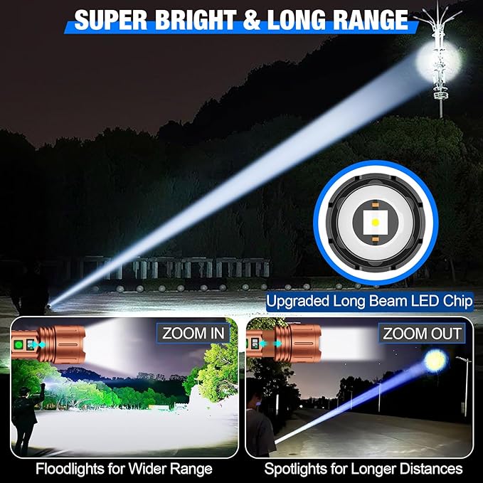 Flashlights High Lumens Rechargeable, Super Bright LED Powerful Flashlight, Type-C, 5 Modes, Zoomable, IPX5 Waterproof High Powered Tactical Flash Light for Emergency Camping,Brown