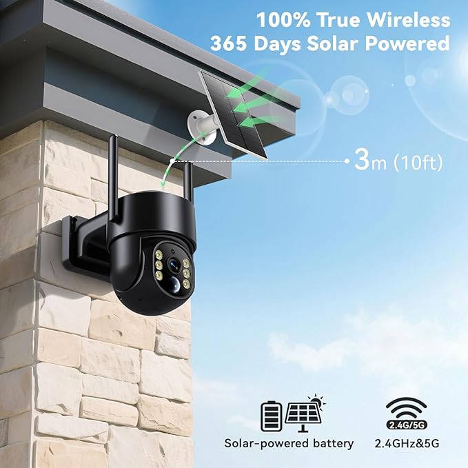 Solar Camera Outdoor Wireless, 2K Solar Outdoor Cameras for Home Security, Battery Powered Wire-Free 5g WiFi Camera, 360° View PTZ, Motion Detection Alerts, Spotlight Siren Alarm, Color Night Vision
