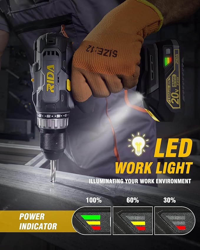 RIDA Cordless Drill Power Drill Cordless 20V 1/2'' Keyless Metal Chuck 355 In-lb(40N.m) Torque with 2.0AH Li-ion Battery & Fast Charger, Variable Speed, 25+1 Position and 22pcs Bits