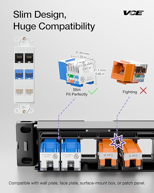 VCE RJ45 Cat6 Keystone Jacks UL Listed 50-Pack, UTP Ethernet Keystone Jacks with Keystone Punch Down Stand Tool and Wire Stripper Cutter, Blue
