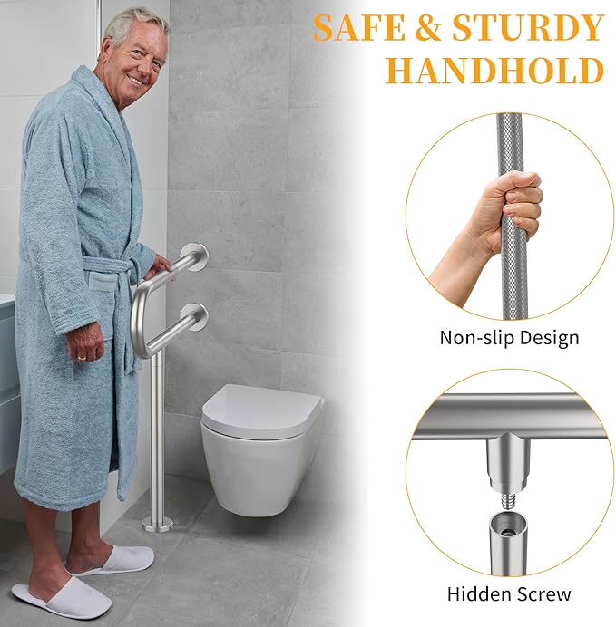Toilet Grab Bar 23.4 Inch, YuanDe Wall to Floor Brushed Nickel Bathroom Safety Bar w/Anti-Slip Knurled Grip, Stainless Steel Handicap Grab Bar with Leg,Support Bar for Disabled Elderly Pregnant