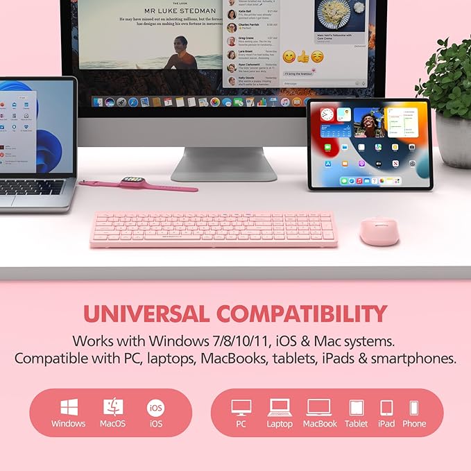 Pink Wireless Keyboard and Mouse Combo for Desktop Mac iPad Bluetooth 2.4 Ghz Rechargeable Slim Silent Click with Number Pad Compatible with Pc, Laptop, Tablet (Pink)