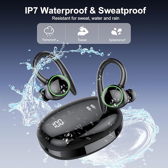 Wireless Earbuds, Bluetooth 5.3 Headphones Sport, Over Ear Buds With ENC Noise Cancelling Mic, 48H, Wireless Earphone With Earhooks, Stereo Deep Bass, IP7 Waterproof Headset for Workout Running, Black