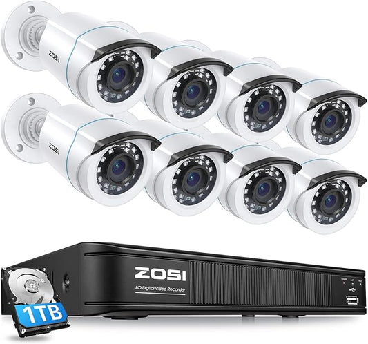 ZOSI H.265+ Home Security Camera System with AI Human Vehicle Detection, 5MP 3K Lite 8 Channel CCTV DVR Recorder and 8 x 1080p Weatherproof Bullet Camera Outdoor Indoor, 80ft Night Vision, 1TB HDD