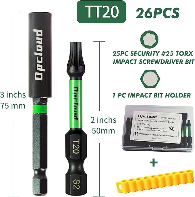 T20 Impact Screwdriver Bit Set, 26 Pieces 2”S2 Steel Magnetic #20 Torx Tips Driver Power Bit Set with Extension Impact Bit Holder