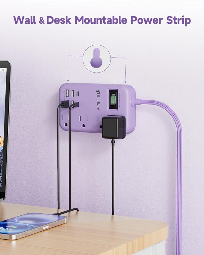 6 USB(2 USB C) Purple Travel Power Strip- 5Ft Lavender Extension Cord with 24W USB Charging Station and 4 Outlets, Purple Desk Accessories with Surge Protector for Cute Kawaii Office Dorm Room