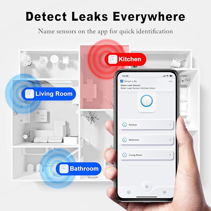 WiFi Water Sensors - 110dB Detector with Real-time APP Notifications | 5Pack Leak Alarm with Remote Control, 2.4G Sensors for Home