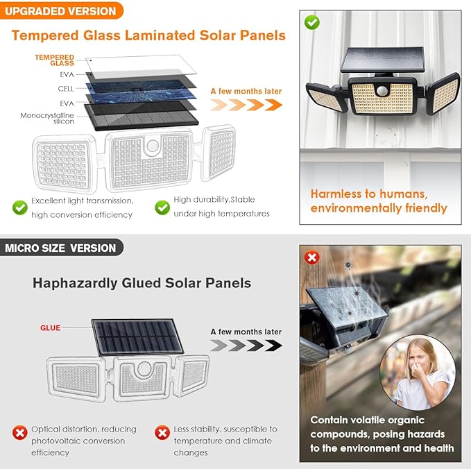 Solar Lights Outdoor, Quick Charge Solar Motion Deck Lights Outdoor for Deck with 232LEDs High Brightness, Larger Built-in Tempered Glass Panel, Sensitive PIR Motion Inductor (Remote,2 Pack)