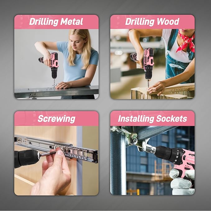 COMOWARE Home Tool Kit with Pink Drill, 195PCS Household Tool kit with 12V Cordless Power Drill, Power Drill Sets Home Repairing Tool Sets with Storage Case for Women