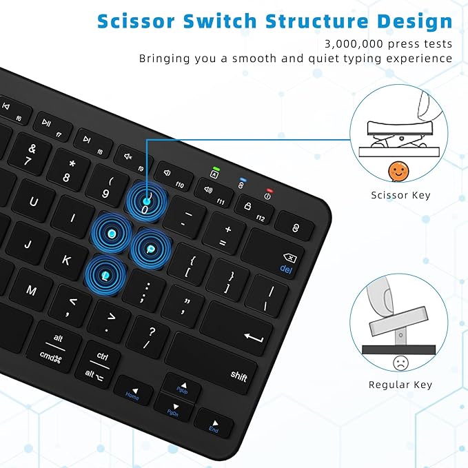 Bluetooth Keyboard, Ultra-Slim Wireless Keyboard for iPad, Rechargeable Ergonomic Computer Keyboard for iOS, Android, Windows PC Tablets Phone, Black