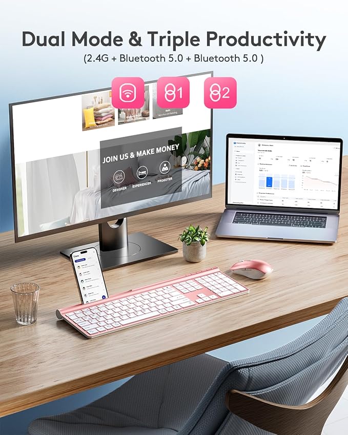 Wireless Keyboard and Mouse Combo - Samsers Ultra Slim Rechargeable Dual-Mode (Bluetooth 5.0x2 +2.4G) Silent Keyboard and Mouse Set, Multi-Device Full-Size Design for MacOS/iOS/Android/Windows - Pink