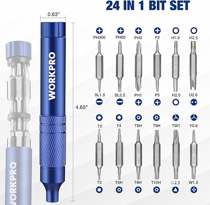 WORKPRO 24 in 1 Multi Bit Mini Screwdriver Set Magnetic, Manual Pen Screwdrivers, Tough S2 Steel Small Screwdriver Bits for Eyeglass, Watch, Laptop, Phone, Jewelry and Electronic, Blue
