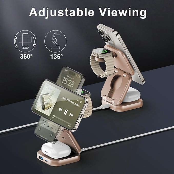 5-in-1 Wireless Charger for MagSafe, AC ISLAND Portable Travel Charging Station, 15W Max Fast Foldable Magnetic Stand, Evolved for iPhone 17/16/15/14/13 Series, Apple Watch, AirPods (with 35W Adapter)