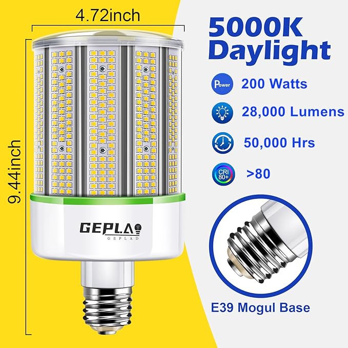 2-Pack 200W LED Corn Light Bulb, E39 Mogul Base 5000K Daylight 28,000LM Lamp, Replacement 1000Watt CFL HPS Metal Halide Bulb, Large Area Lamp for Street, Garage, Warehouse High Bay Lighting