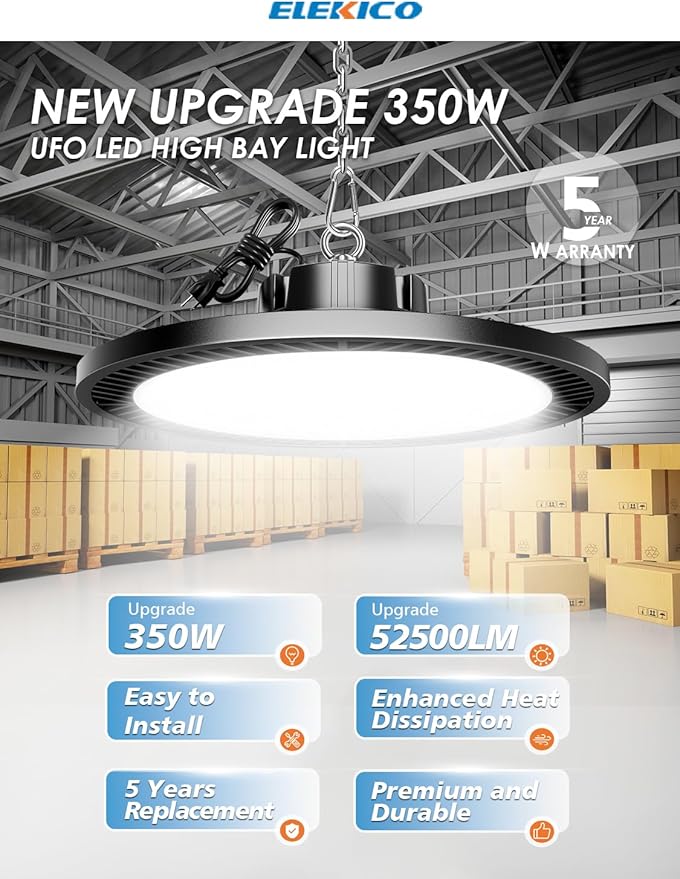 UFO Led High Bay Light, Upgrade Super Bright 350w 52500lm 5000k High Bay Led Shop Lights with Us Plug 5' Cable, Led Shop Lights for Garage Workshop Factory Barn Gym Warehouse 4 Pack