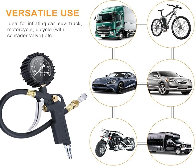 AstroAI Tire Pressure Gauge with Inflator, 100 PSI-ANSI B40.1 Accurate, Large 2.5" Easy Read Glow Dial, Heavy Duty Air Chuck and Compressor Accessories with Rubber Hose and Quick Connect Coupler