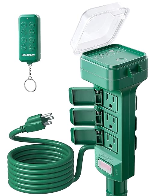 SURAIELEC Outdoor Power Stake Timer Waterproof, 100FT Wireless Remote Control, Dusk to Dawn Timer, 6 Grounded Plug Outlets, 6FT Extension Cord, for Christmas Lights, Garden, Patio Lights