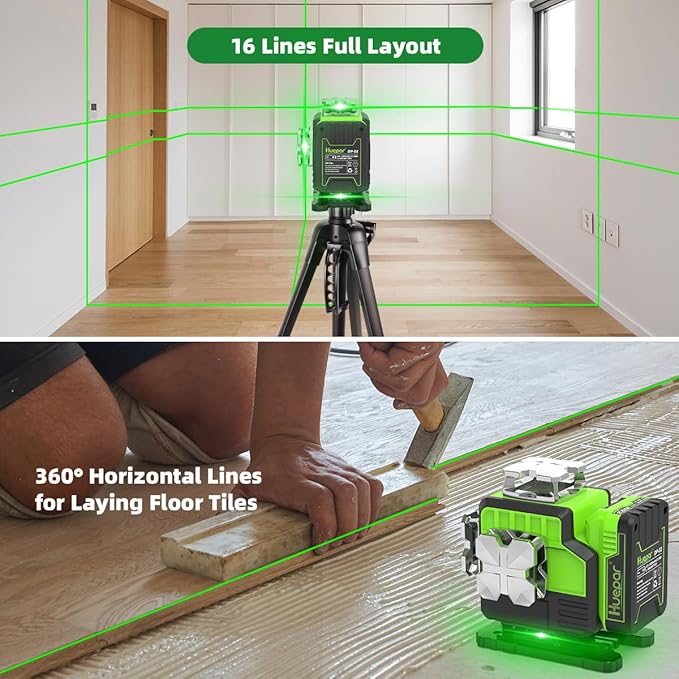 Huepar 12V 4x360 Laser Level Self Leveling with Bluetooth and Remote Control, 4D Green Cross Line Laser, 16 Lines Lazer Leveler Tool for Construction, Upgrraded Bracket, Removable Battery P04CG