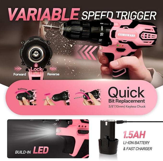 COMOWARE 12V Pink Cordless Drill Home Tool Kit, Pink Drill Set for Women, Lady's Home Repairing Tool Kit Hand Tool Set for DIY Large-Capacity Tool Storage Bag Included