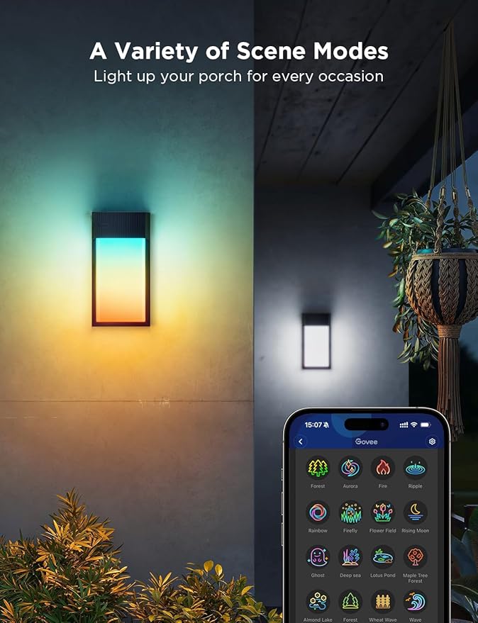 Govee Outdoor Wall Light, 1500LM Smart RGBIC Porch Lights Outdoor with 45 Scene Modes, IP65 Waterproof for Outdoor Decor, DIY Lighting Effects, Works with Alexa, Google Assistant and Matter, 2 Pack