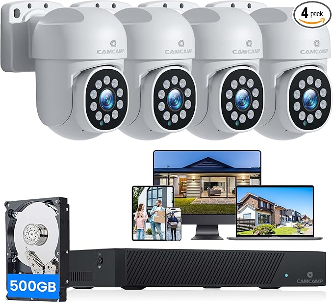 Camcamp 5MP Outdoor Security Camera System, 4Pcs POE Wired Cameras for Home Security with 8CH 4K CCTV NVR, Auto Tracking, 2-Way Audio, Color Night Vision, 500GB HDD 24/7 Recording, Business