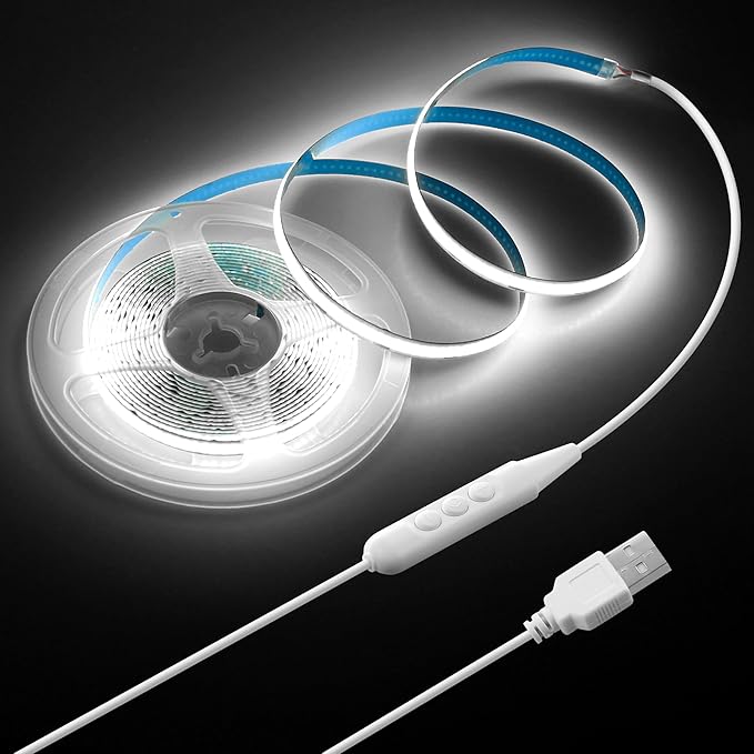 5V USB COB LED Light Strip Dimmable High Density White Light for TV 16.4FT 6000K 320LEDs/M Flexible LED Strip Lights USB Powered with Self -Adhesive for Bedroom Mirror TV Backlight Decor 5M