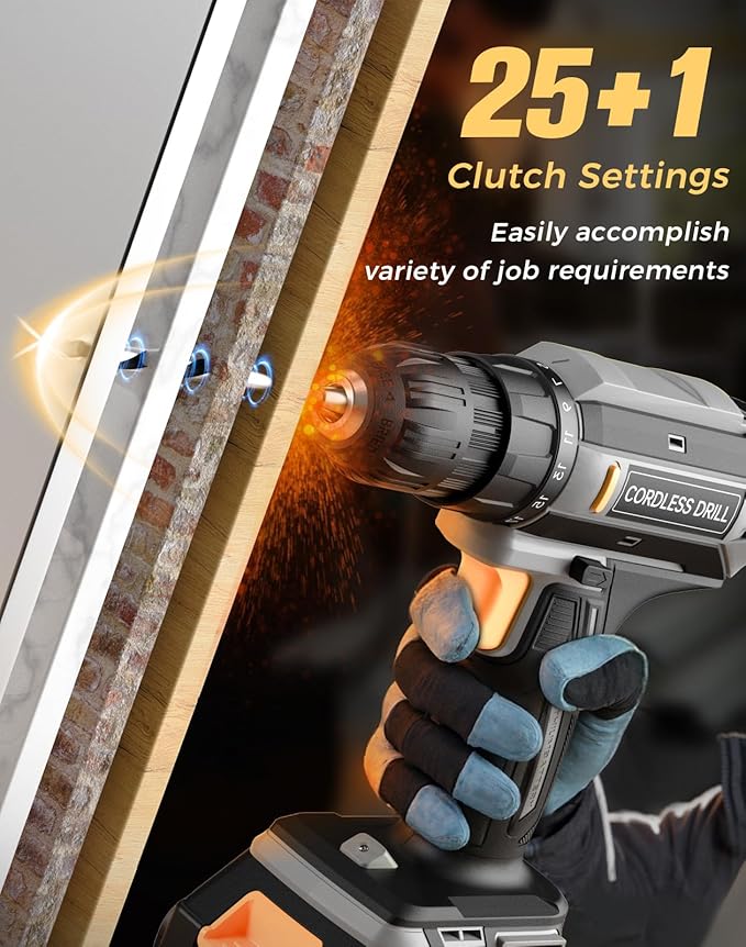 Cordless Drill, 20V MAX Power Drill Set with 2.0Ah Power Pack & Charger, 3/8 Inch Keyless Chuck, Variable Speed, 25+1 Position and 56PCS Bits/Screws, Power Tools for Home Projects