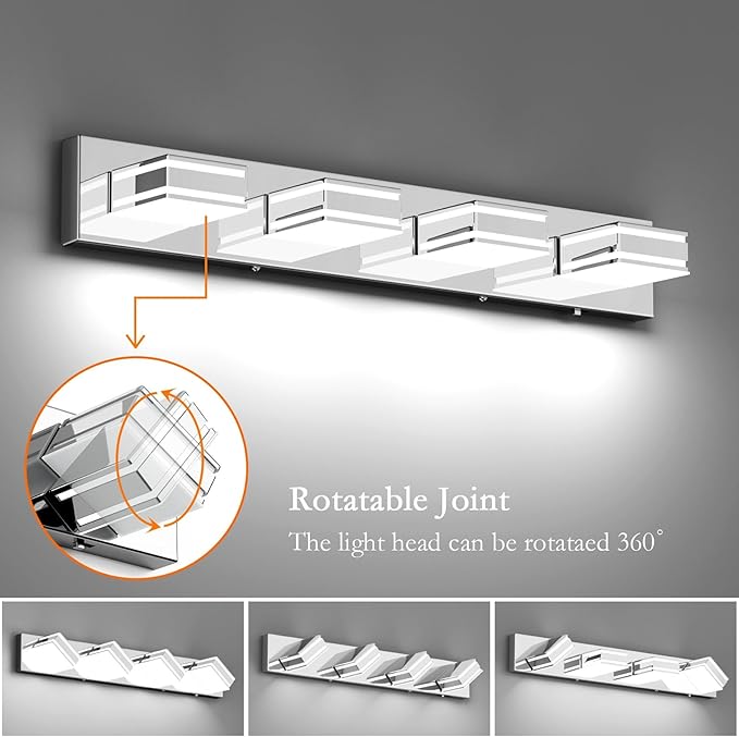 Ralbay 30inch Chrome Vanity Light for Bathroom with 5 Color Temperatures (3000K-6000K) Dimmable Stainless Steel Acrylic LED Modern Chrome Bathroom Light Fixtures (4-Light)