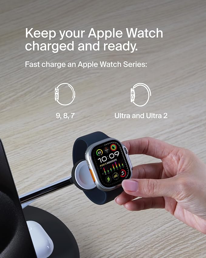 Belkin MagSafe-Compatible 3-in-1 Wireless Charger Stand 15W - Qi2-Certified Wireless Charging Station, Fast Charging of iPhone 16, AirPods, & Apple Watch - 36W Included - Black