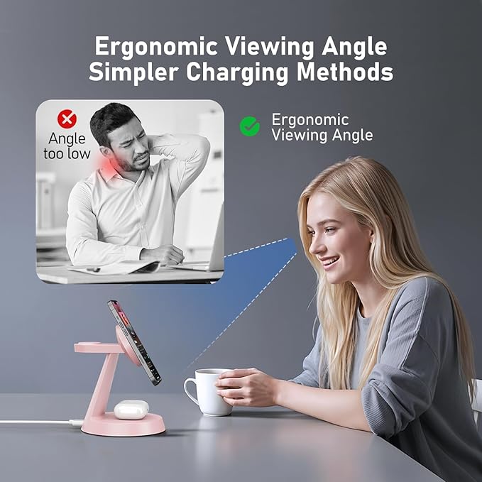 3 in 1 Wireless Charging Station for Apple Mag-Safe 15W Fast Charger Stand for Multiple Apple Devices Magnetic Charger for iPhone 16/15/14/13/12 Series, AirPods, iWatch Series(Pink)