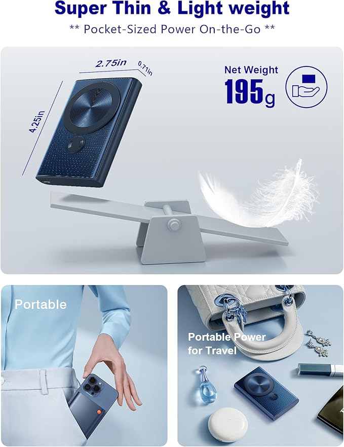 Kesguar Magnetic Portable Charger, 10000mAh 22.5W PD Super Fast Charging Wireless Power Bank. Ultra-Strong Magnet, USB C in&Out Battery Pack for Magsafe, iPhone 17/16/15/13/12 Pro Series, Dark Blue