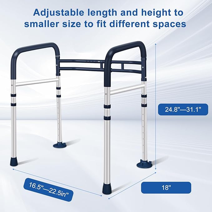 Toilet Safety Rails, Adjustable Toilet Handles for Elderly and Disabled, Toilet Support Rails for Seniors, Foldable Handicap Toilet Rails with Travel Bag, Instant Installation (Lake Blue)