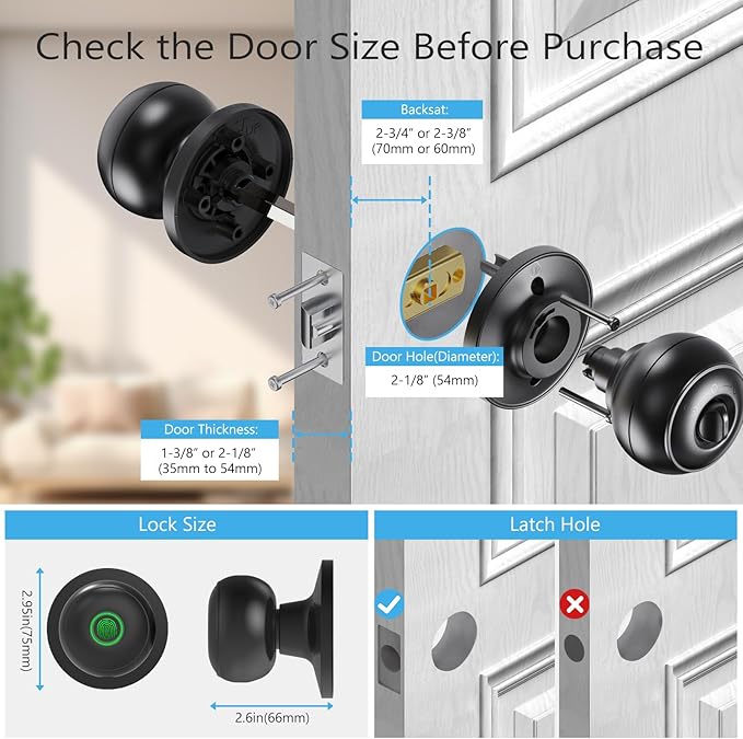 GeekTale Fingerprint Door Lock for Bedrooms, Fingerprint Door Knob with Lock, Smart Door Lock, App Control, Back-up Keys, Thumbprint Door Knob for Bedrooms, Office, Apartment