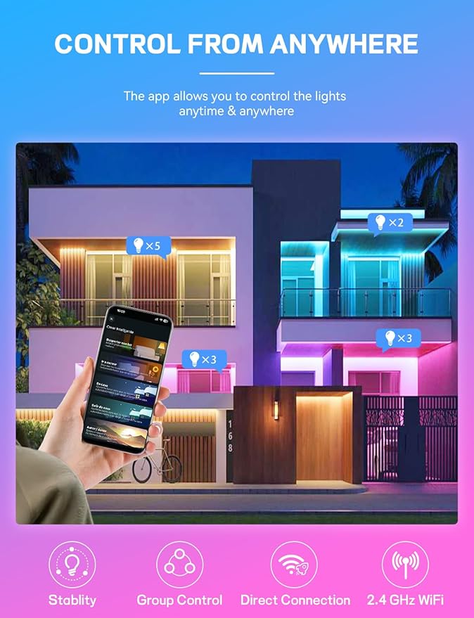 Smart Light Bulbs 4Pack with Remote, A19 E26 800LM LED Color Changing Light Bulb, WiFi & Bluetooth 5.0, Warm to Cool White, Dimmable, RGB Smart Home Lighting Work with Alexa Google Assistant