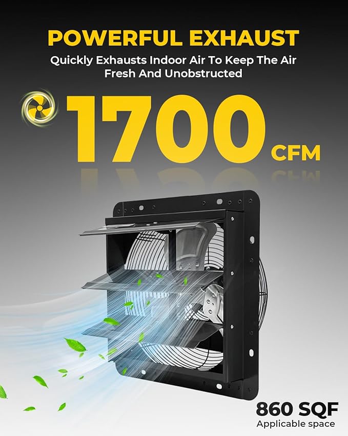 VENTISOL 14 Inch Shutter Exhaust Fan Wall Mounted, Aluminum Blades, with 1.65 Meters Power Cord Kit, Max.1950CFM, Ventilation Fan for Garage,Greenhouse,Attic,Shed,Shop-Black