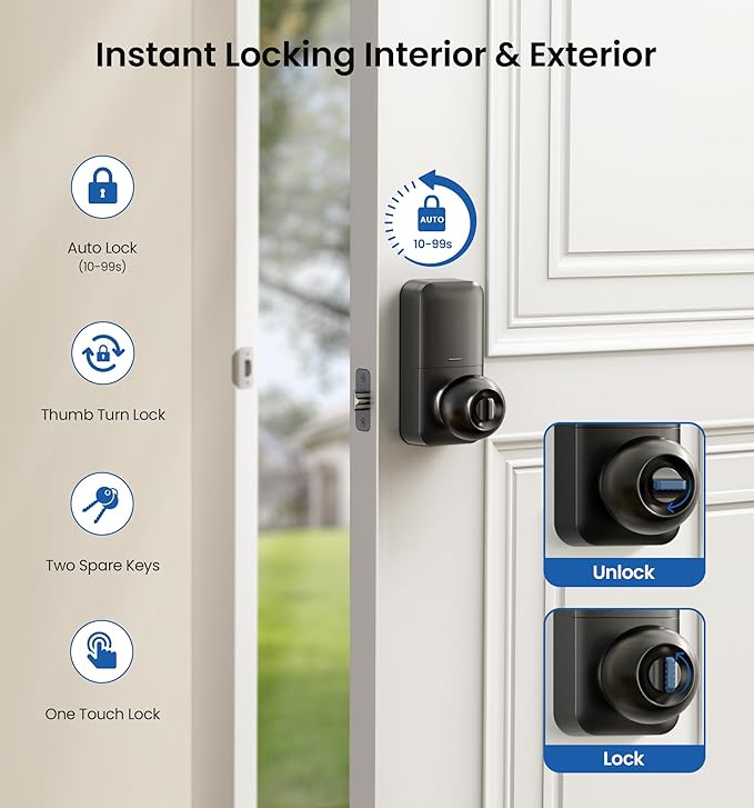 Veise Keypad Door Knob Lock, Keyless Entry Digital Lock with Handle, Electronic Knob for Front Door & Bedroom, Easy Installation, Auto-Locking, Passage Mode, Matte Black