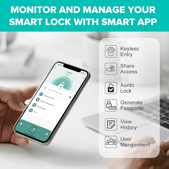 Smart Door Lock Keyless Entry 6 in 1 Electric Biometric Digital Deadbolt APP Fingerprint Touchscreen Keypad IC Card Key Type-C Charging Unlocking for Front Doors Home