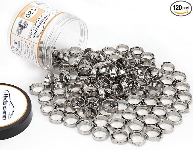 120 Pack 1/2 Inch PEX Cinch Clamps Rings, Premium 304 Stainless Steel Cinch Crimp Rings Pinch Clamps, Stepless Single Ear Hose Clamp for PEX Tubing Pipe Fitting Connections By Hydencamm (1/2"x120)