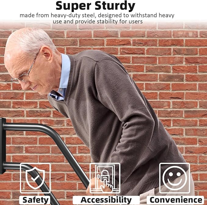 Handrails Wall Mount Stair Safety Handle Non-Slip Step Metal U-Shape Grab Yard Mounted Garage Porch Garden Hand Railings Powder Coated Heavy Duty Indoor or Outdoor Safe Bars (2 Pack)