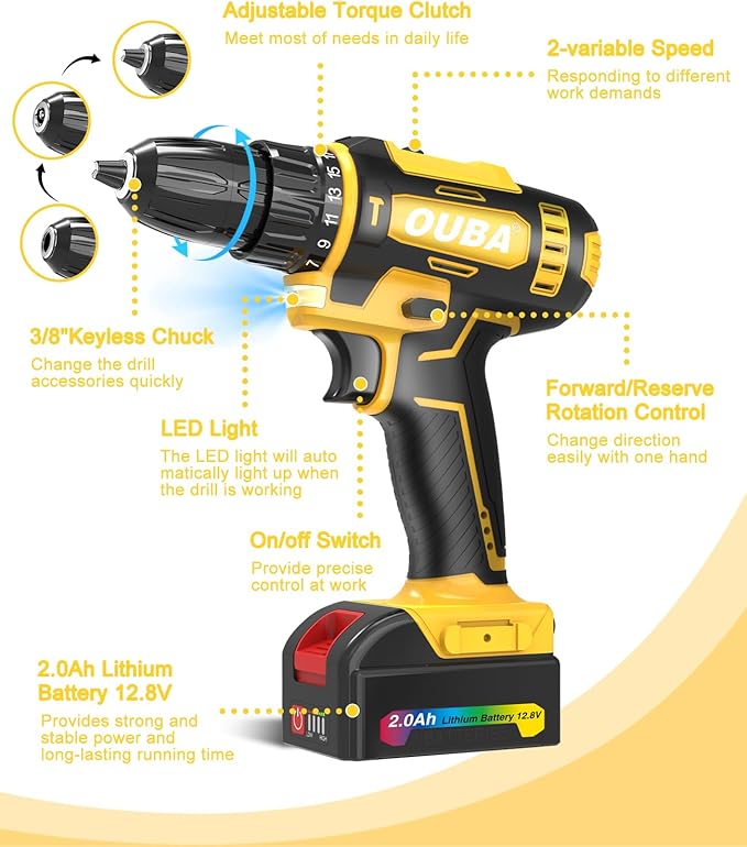 OUBA Cordless Drill Set, 12.8V Lithium Lon Power Drill Cordless with Battery and Charger, 2 Variable Speeds, 3/8" Keyless Chuck, 25+3 Torque Setting, Built-In LED, Electric Drills for Home (Yellow)