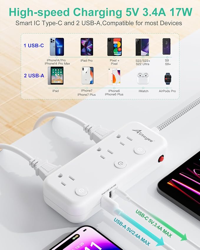 15FT Surge Protector Power Strip with Individual Switches 6 Outlets 3 USB(17W USB C), Ultra Thin Flat Plug Braided Cord, Wall Mount Extension Cord with Overload Protection for Home Office Dorm 1625W