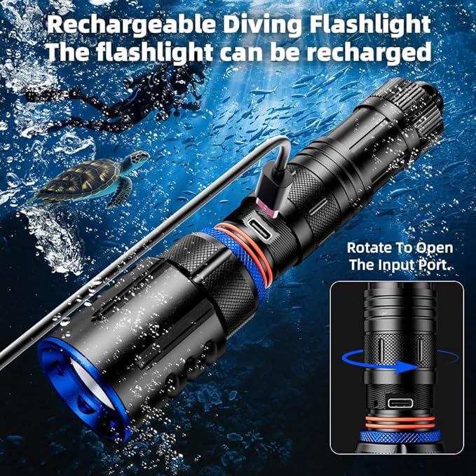 1000 Lumens Dive Light, Waterproof IPX8 100M, Rechargeable LED Flashlight with 11° Beam Angle, Underwater Scuba & Snorkeling Torch for Diving, Caving, and Emergency Use