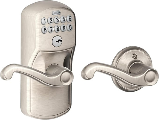 SCHLAGE FE575 PLY 619 FLA Plymouth Keypad Entry with Flair Lever, Auto Lock, Satin Nickel