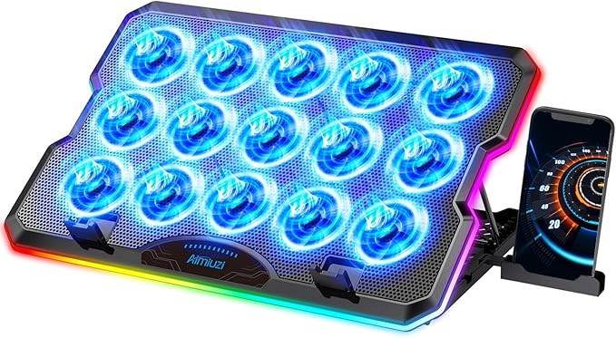 Gaming Laptop Cooling Pad, Laptop Cooler with 15 Quiet Fans for 12-17.3 Inch Notebook, Slim Portable Laptop Cooling Stand with 7 Height Adjustable, 2 USB Ports, Phone Stand