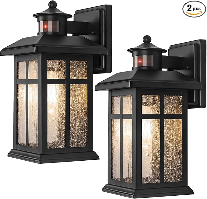 Motion Sensor Outdoor Wall Lights 2 Packs- Updated Dusk to Dawn Outdoor Lighting, Exterior Light Fixtures with E26 Sockets & Tempered Glass, Wall Mounted Black Waterproof Outdoor Lights for House