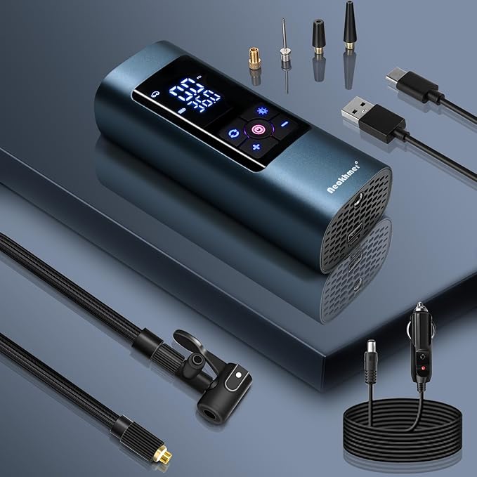 Tire Inflator Portable Air Compressor: Cordless Air Pump for Car Tires 150PSI - Tire Pump with Pressure Gauge for Car Bike Motorcycle Balls (Grey Blue)