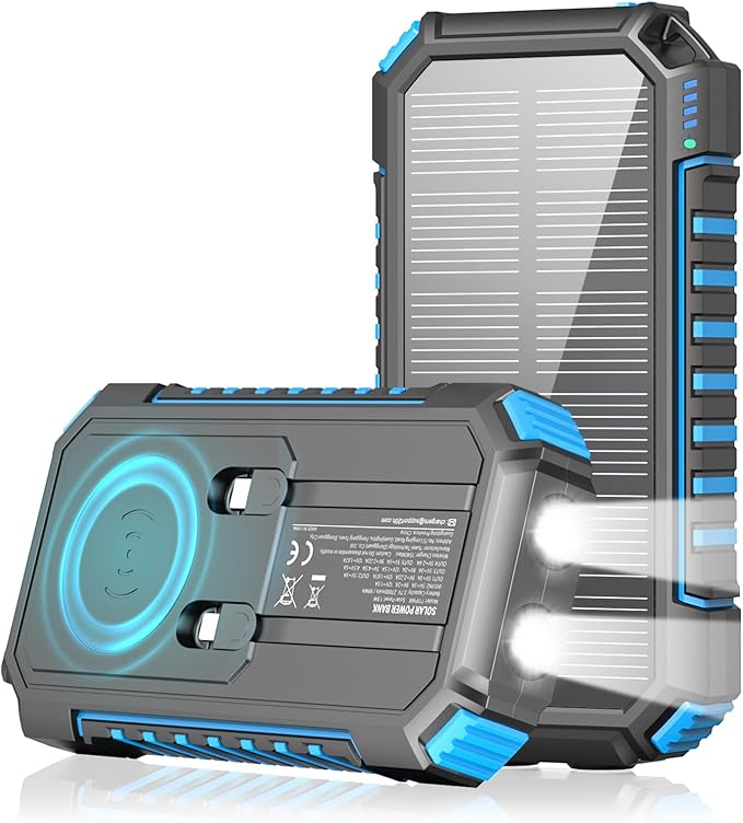 Riapow Solar Charger Power Bank, 27000mAh Wireless Portable Charger Built-in Cables, 22.5W Fast Charging Battery Bank with USB C in/Output, PD QC 3.0 Battery Pack Flashlights Outdoor (Blue)