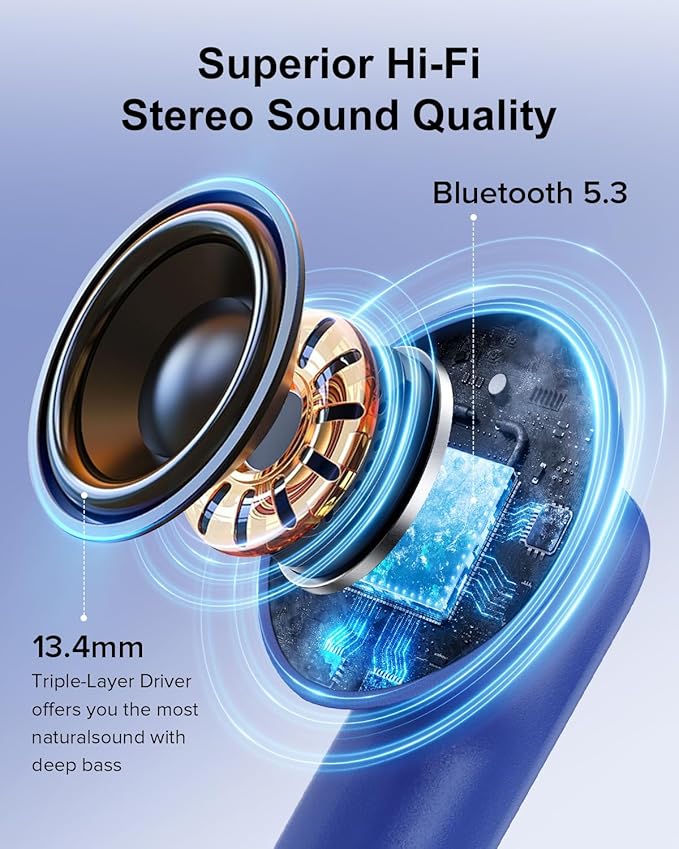 Wireless Earbuds, 42H Playtime Bluetooth 5.3 Headphones, HiFi Stereo Call Noise Cancelling Earbuds, IPX7 Waterproof Stereo in-Ear Earphones with LED Display for iOS Android (Ocean Blue)